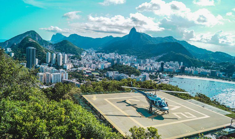 Helicopter sits on a private helipad in Rio de Janeiro, Brazil