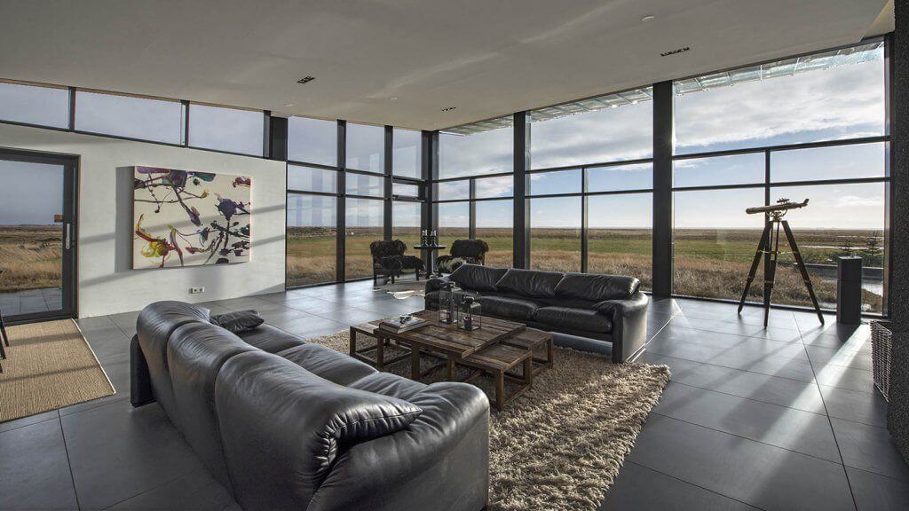 Comfortable lounge with view across the Icelandic countryside