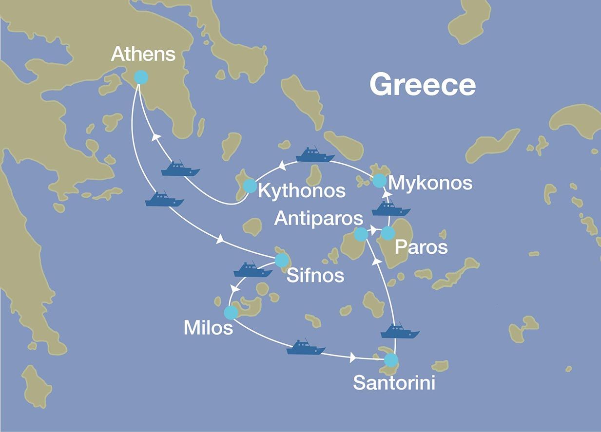 Map showing route and destinations of luxury Private Yacht journey in Greece