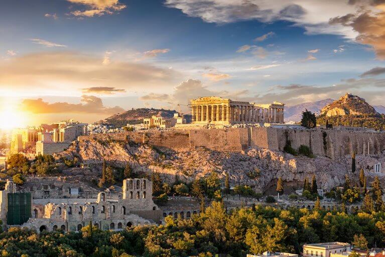 Panorama view of sunrise over the ancient Acropolis of Athens in Greece