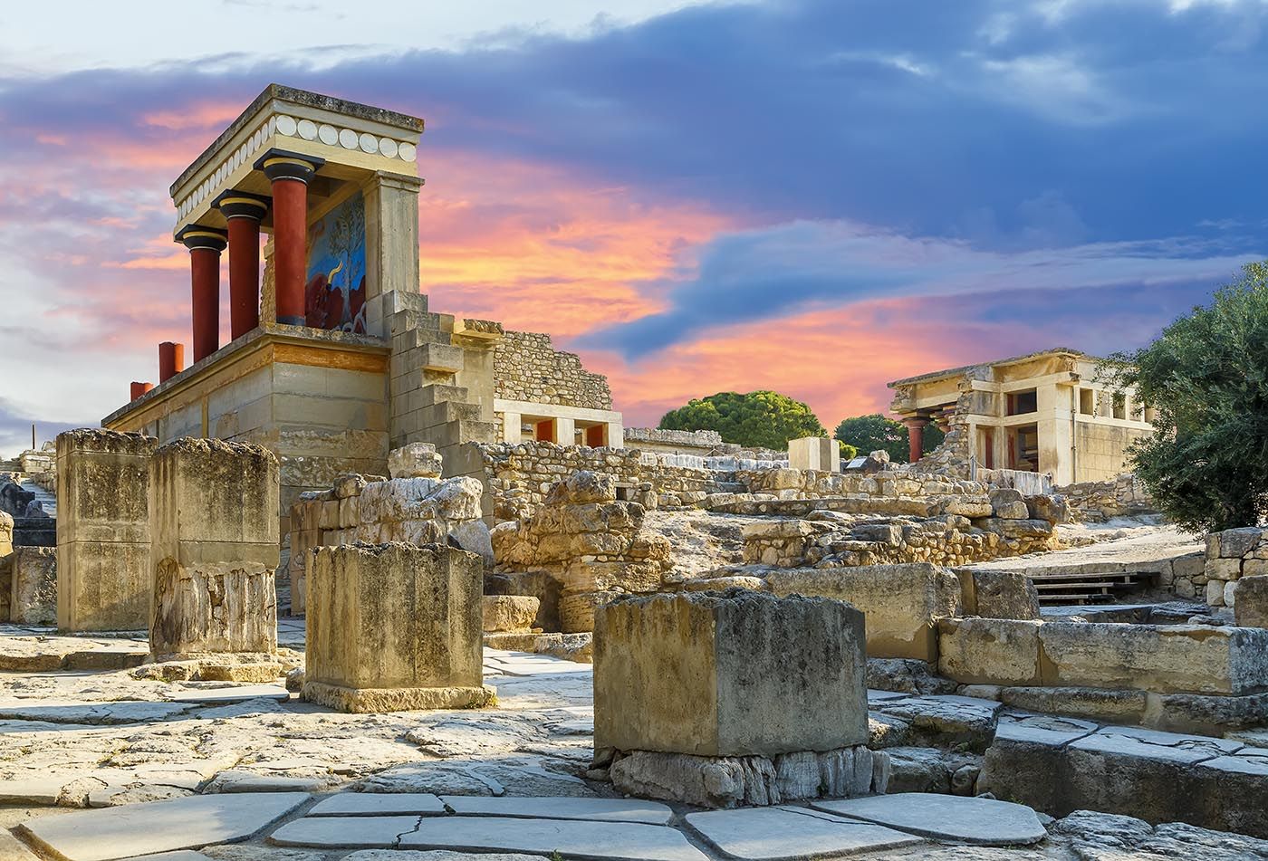 Panorama views of pink sunset at the Bronze Age Knossos Palace in Crete