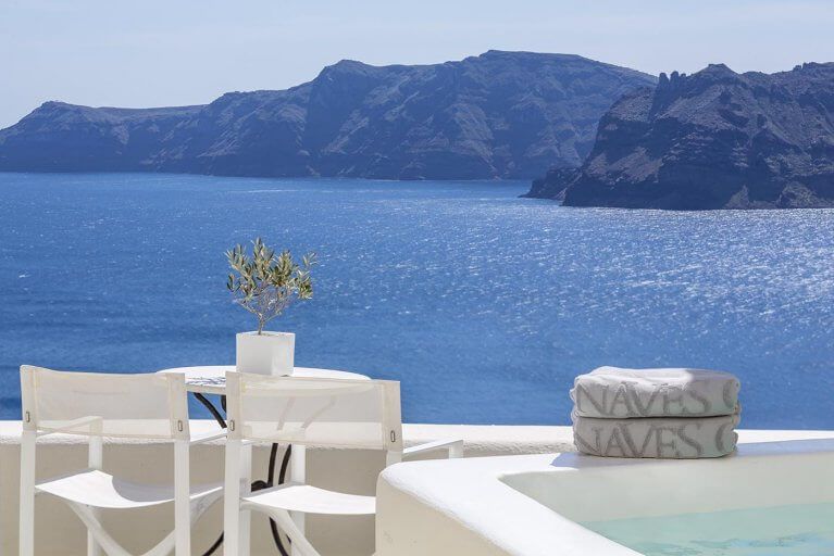 Views of Aegean sea from Superior Suite at luxury Canaves Oia Suites in Santorini in Greece