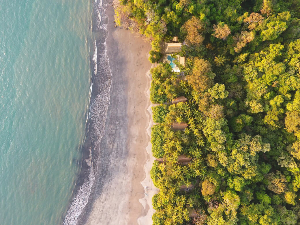 Aerial view of luxury private island resort on Isla Palenque off the Pacific Coast