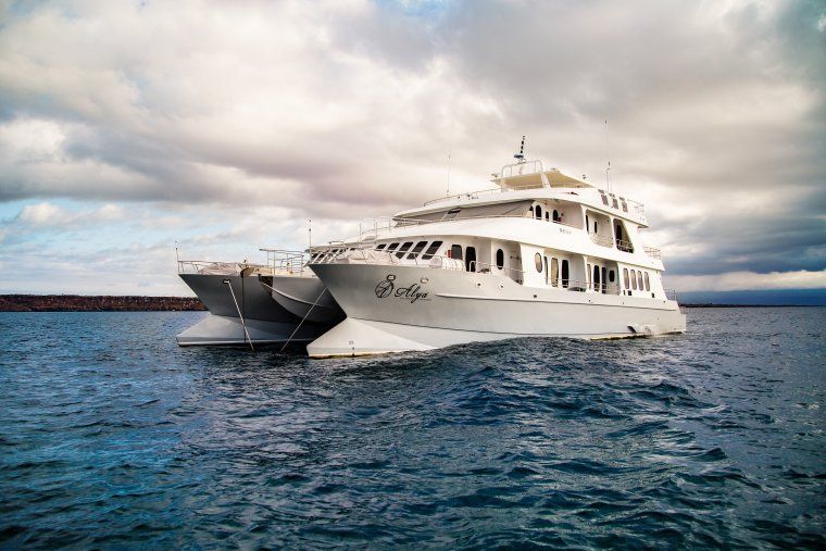 Exterior of luxury Alya Catamaran in Galapagos Islands