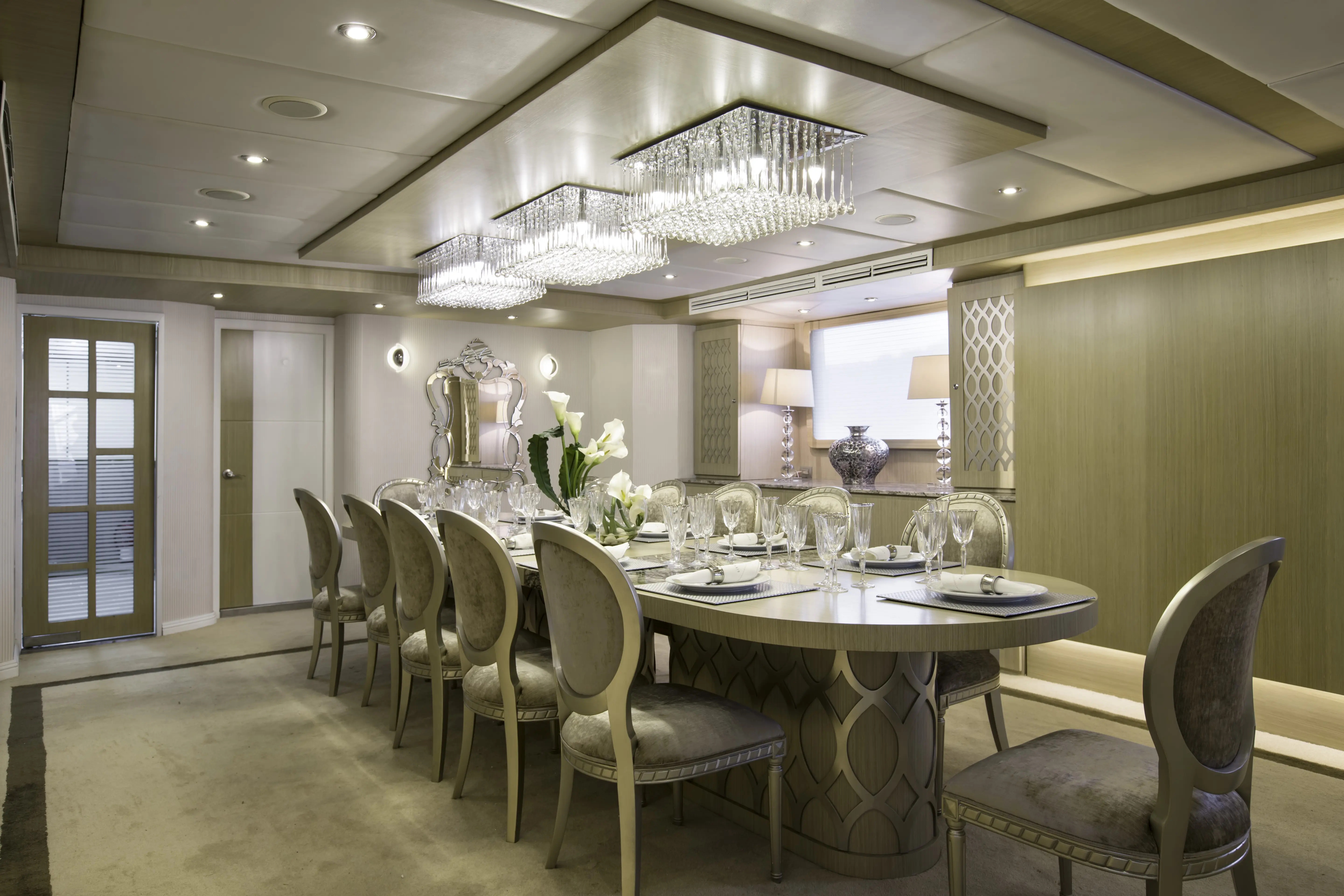 Elegant dining room onboard the Stella Maris private Galapagos Island yacht