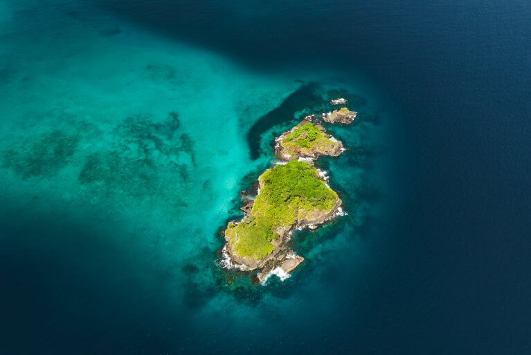Aerial view of luxury private island resort in Panama, Islas Secas