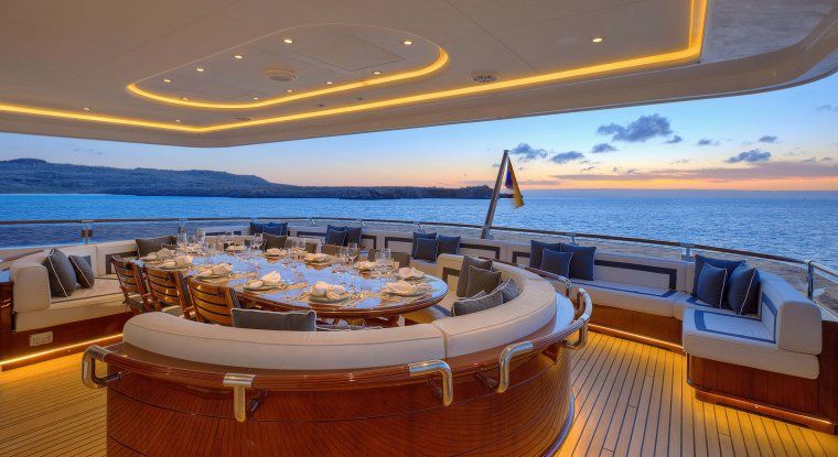 Luxury outdoor dining space on Aqua Mare in Galapagos Islands
