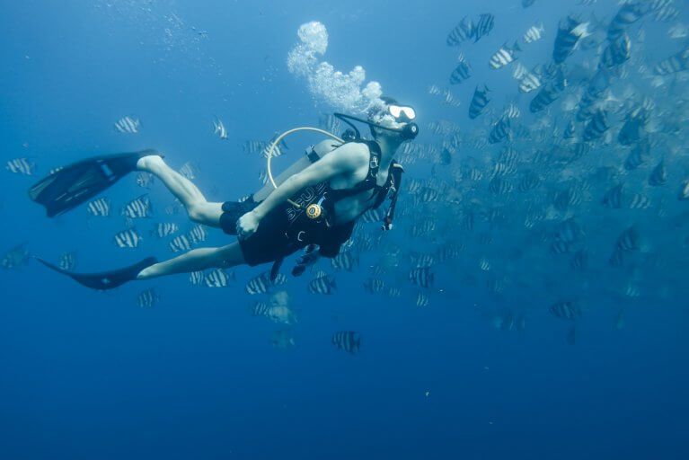 Man scuba diving with fish in the Pacific coast in Panama
