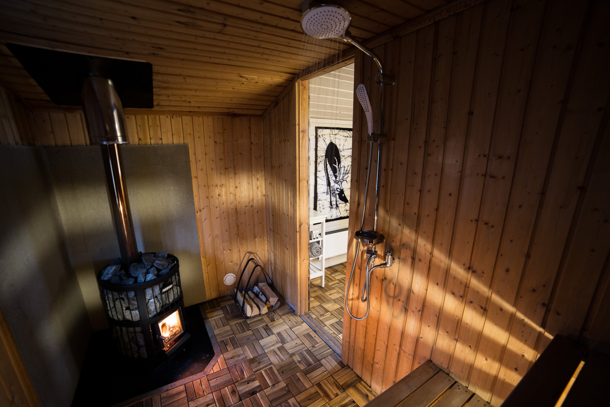 Interior of luxury Swedish sauna in Sweden Lapland at Loggers Lodge