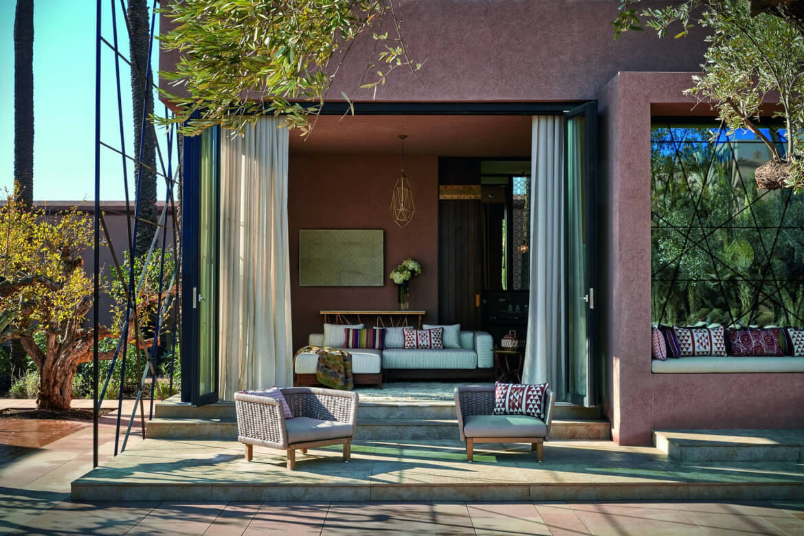 Outdoor patio at luxury hotel in Morocco