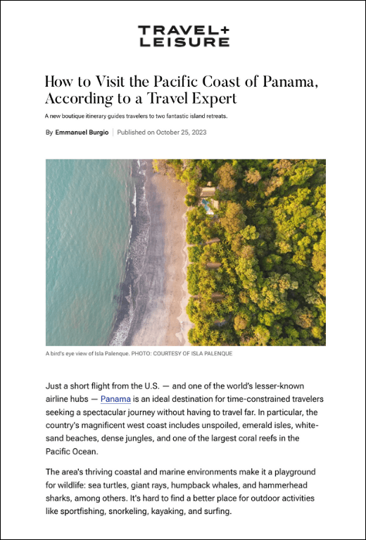 Front cover of Travel & Leisure Article on Panama's Pacific Coast with Blue Parallel's founder Emmanuel Burgio