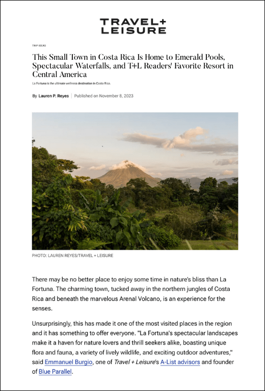 Emmanuel Burgio contributes to La Fortuna Costa Rica guide on Travel & Leisure