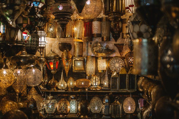 Intricate lamps inside a souk in Marrakesh during private Morocco tour