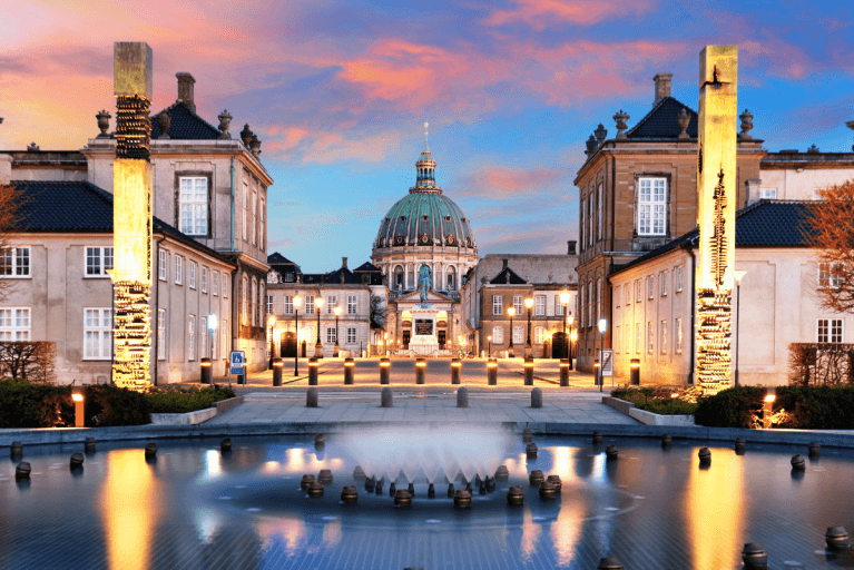 The Amalienborg Queen's Palace in Copenhagen lit up at night