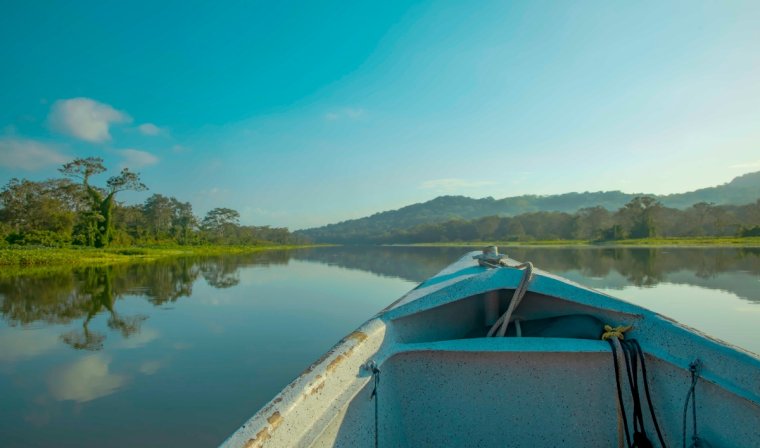 View of the Chagres River in Panama from a traditional indigenous Embera canoe