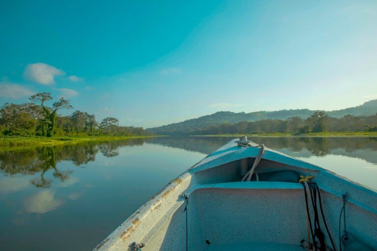 View of the Chagres River in Panama from a traditional indigenous Embera canoe