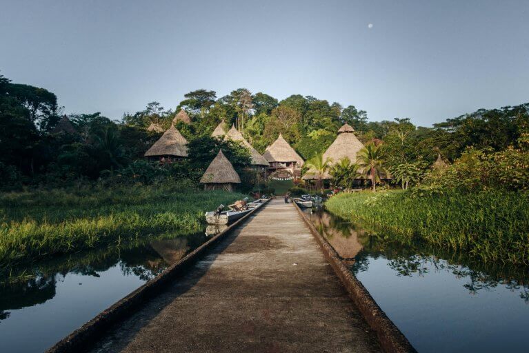 View of an indigenous Embera village from the water in Panama
