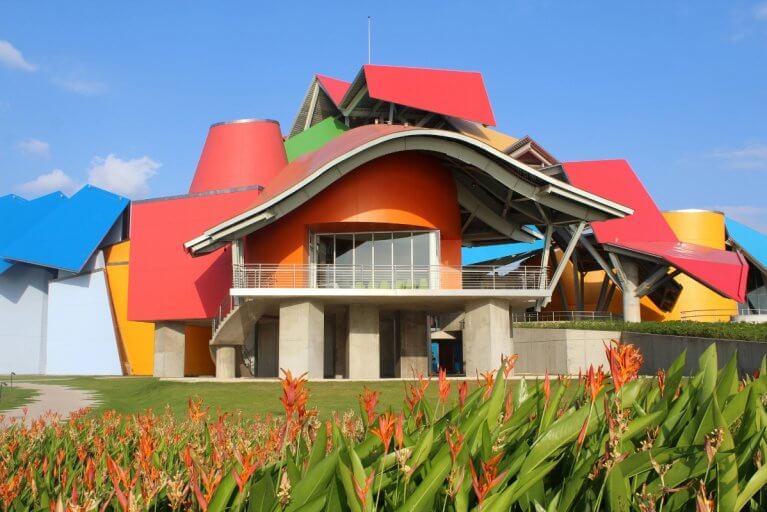 Exterior of the colorful and unique Biomuseum in Panama which was designed by Frank Gehry