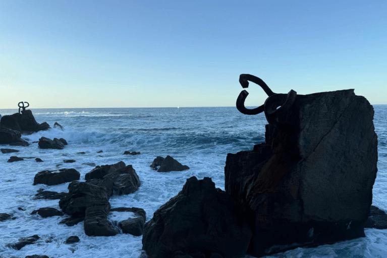 View of Peine de Viento in the Basque Country in Spain during beach tour