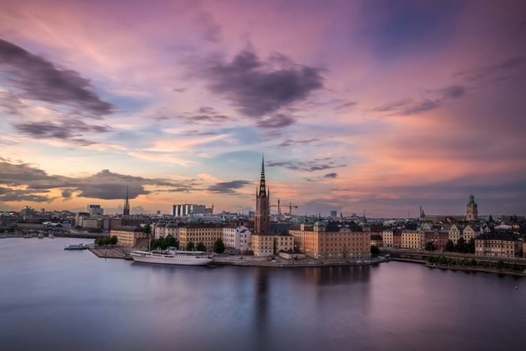 Aerial view of Stockholm cityscape on bright sunny morning