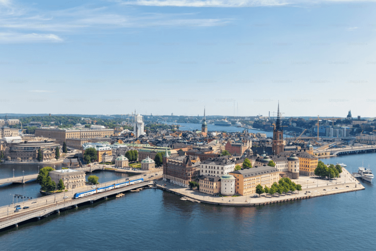 Aerial view of Stockholm cityscape on bright sunny morning