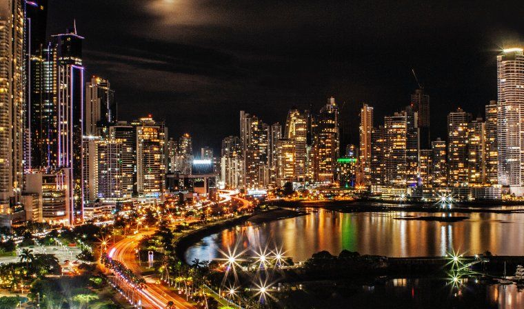 Panama City lit up by lights in the evening