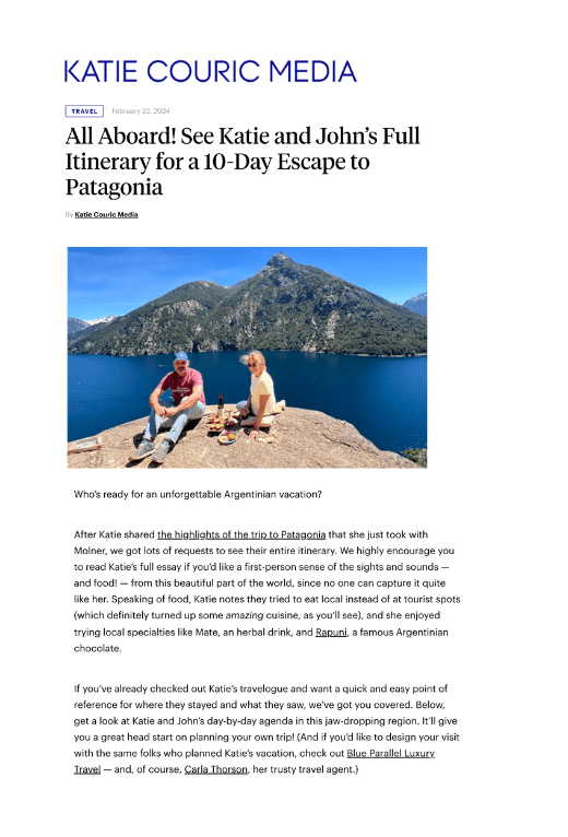 Blue Parallel bespoke journey in Katie Couric