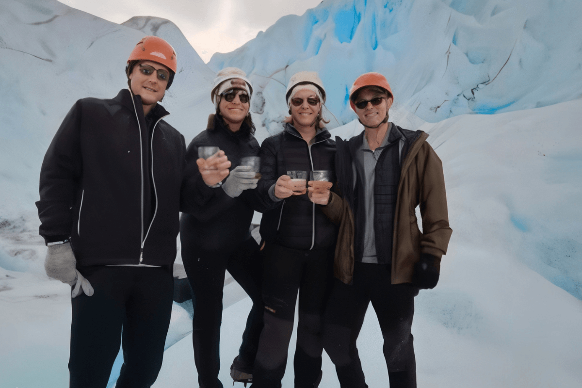 Four Blue Parallel travelers enjoying exclusive ice trekking tour in Patagonia