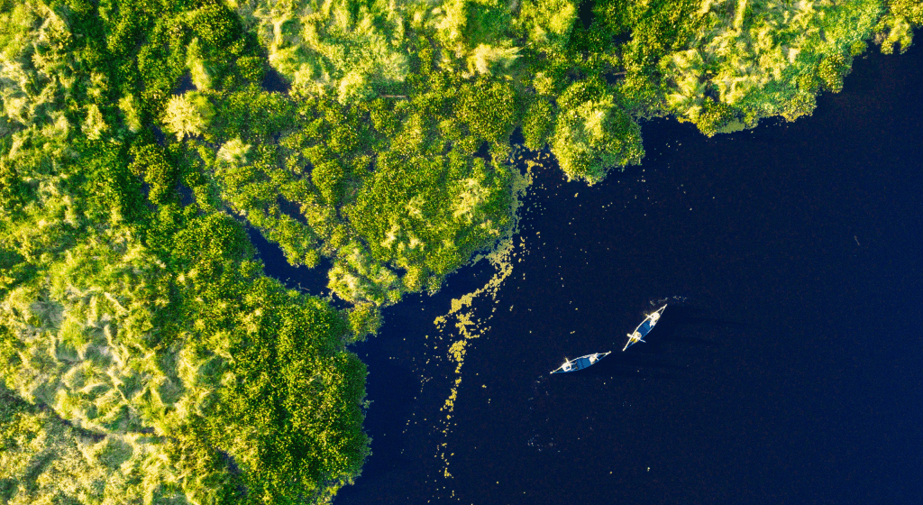 Bird's eye view of a private canoe excursion in the Pantanal from the luxury Caiman Ecological Refuge in Brazil