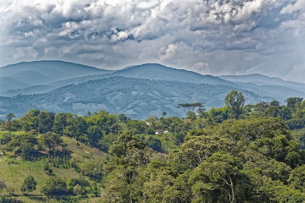 Aerial view of green landscapes in Huila in Colombia