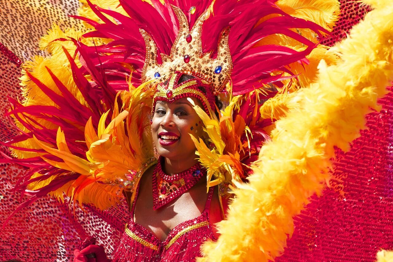 Brazilian woman in traditional samba outfit at Brazilian music event