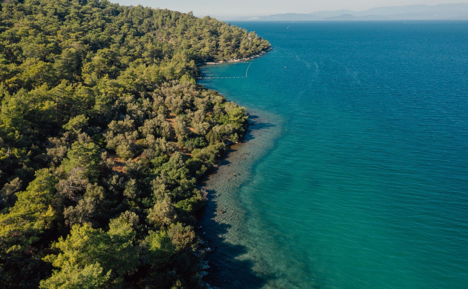 Aerial view of the blue Aegean Coast during the summer in Turkey