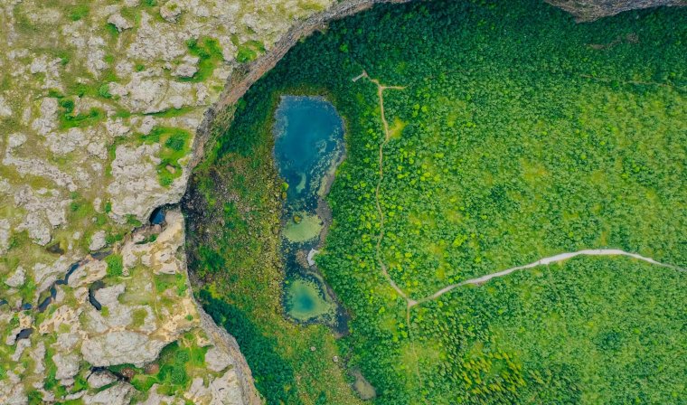 Aerial view of Ásbyrgi Canyon during summer
