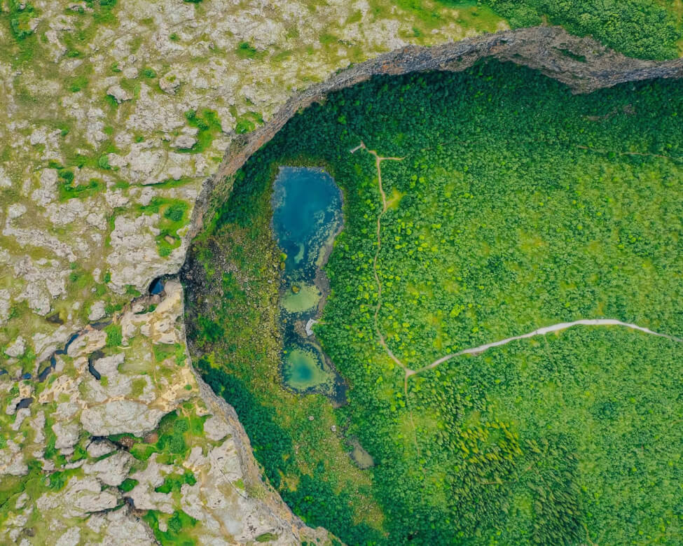 Aerial view of Ásbyrgi Canyon during summer