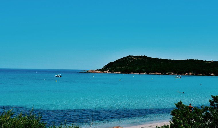 View of Mediterranean Sea surrounding Corsica from pristine white sand beach