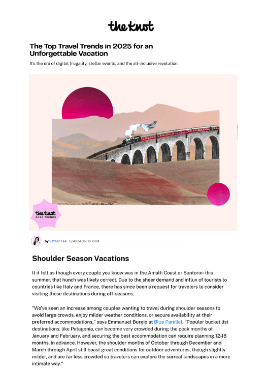 Blue Parallel discusses shoulder season travel in The Knot