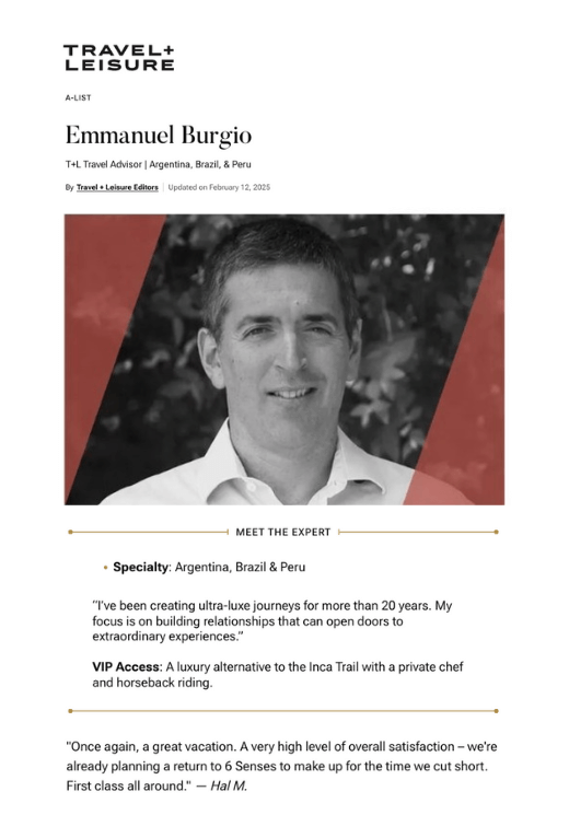 Emmanuel Burgio from Blue Parallel is part of Travel + Leisure's prestigious A List of luxury travel advisors for another year