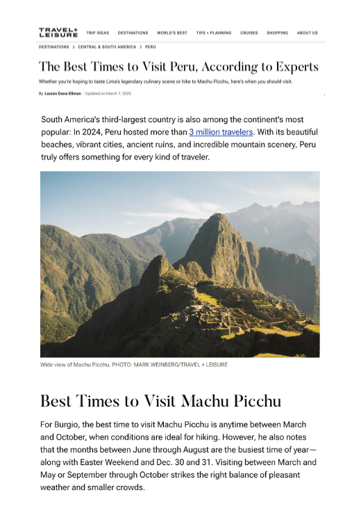 Best time to visit Peru in T+L in 2025