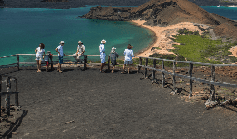 Family visiting bartolome island in the Galapagos Island during family vacation