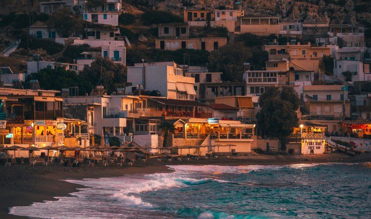 View of Matala Beach in Crete during the evening