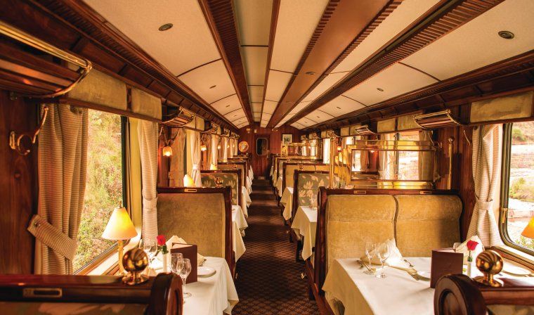 Luxurious interior of the Hiram Bingham train in Peru