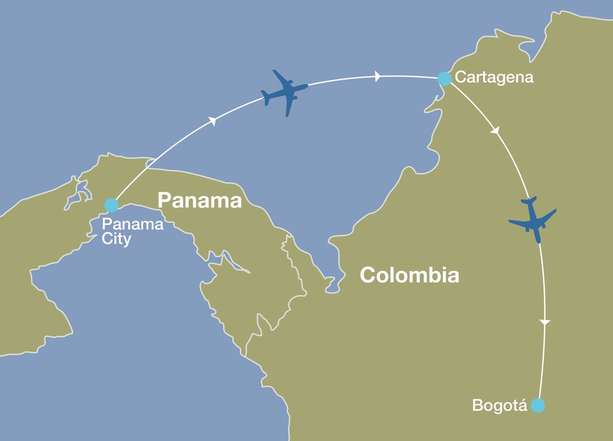 Map from Panama City to Bogota