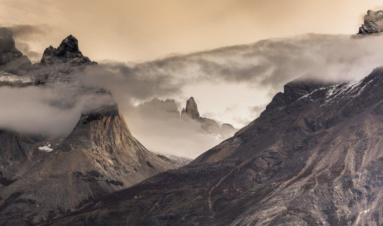 View of mist covering mountain peaks in Patagonia