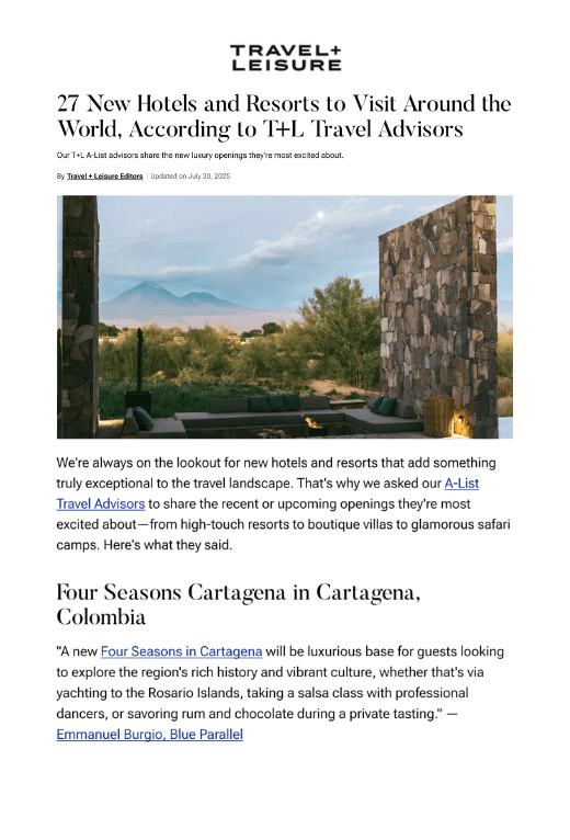 Emmanuel Burgio contributes to Travel + Leisure A List travel advisor article