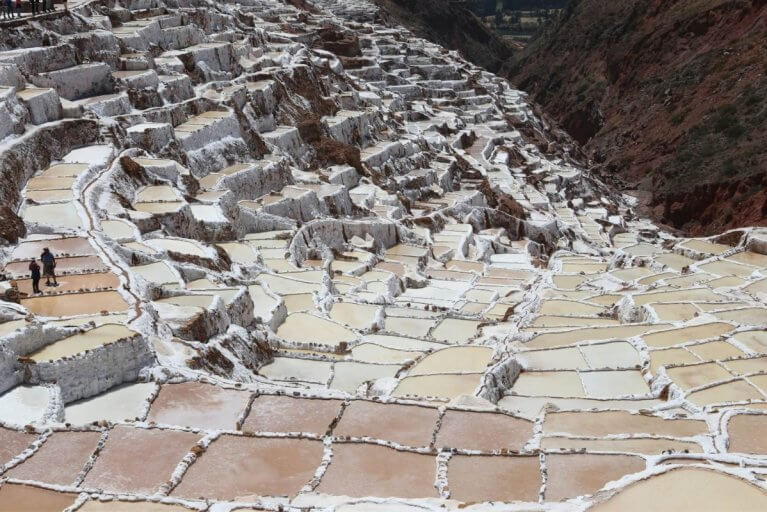 Aerial view of the Maras salt ponds in Peru during luxury tour