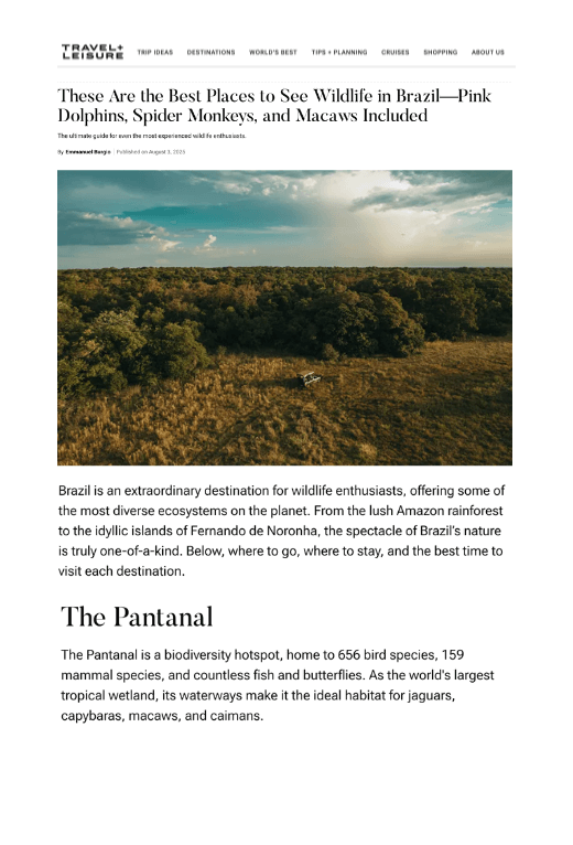 Emmanuel Burgio shares best luxury wildlife tours in Brazil with Travel + Leisure