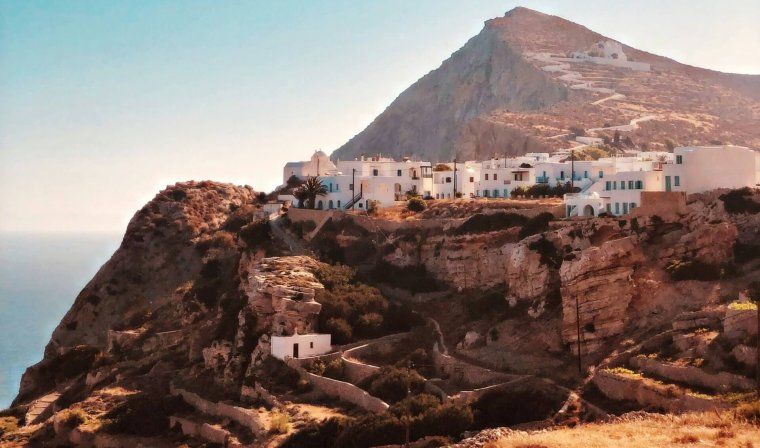 View of beautiful Folegandros town with ocean in the background