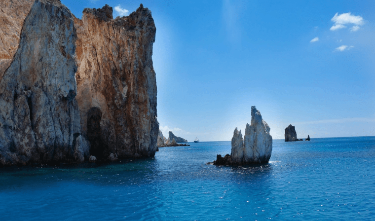 View of rock formations near Polyaigos beach in Greece
