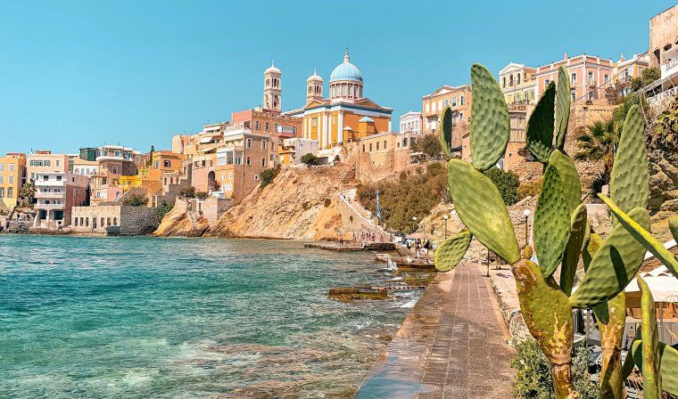 View of colorful Syros from the coastline