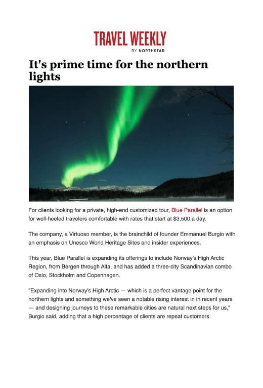 TravelWeekly article on northern lights